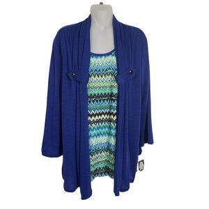 Notations Women 2Fer Cardigan Sweater Medium Twinset Blue Tiered Chevron 3/4 Slv